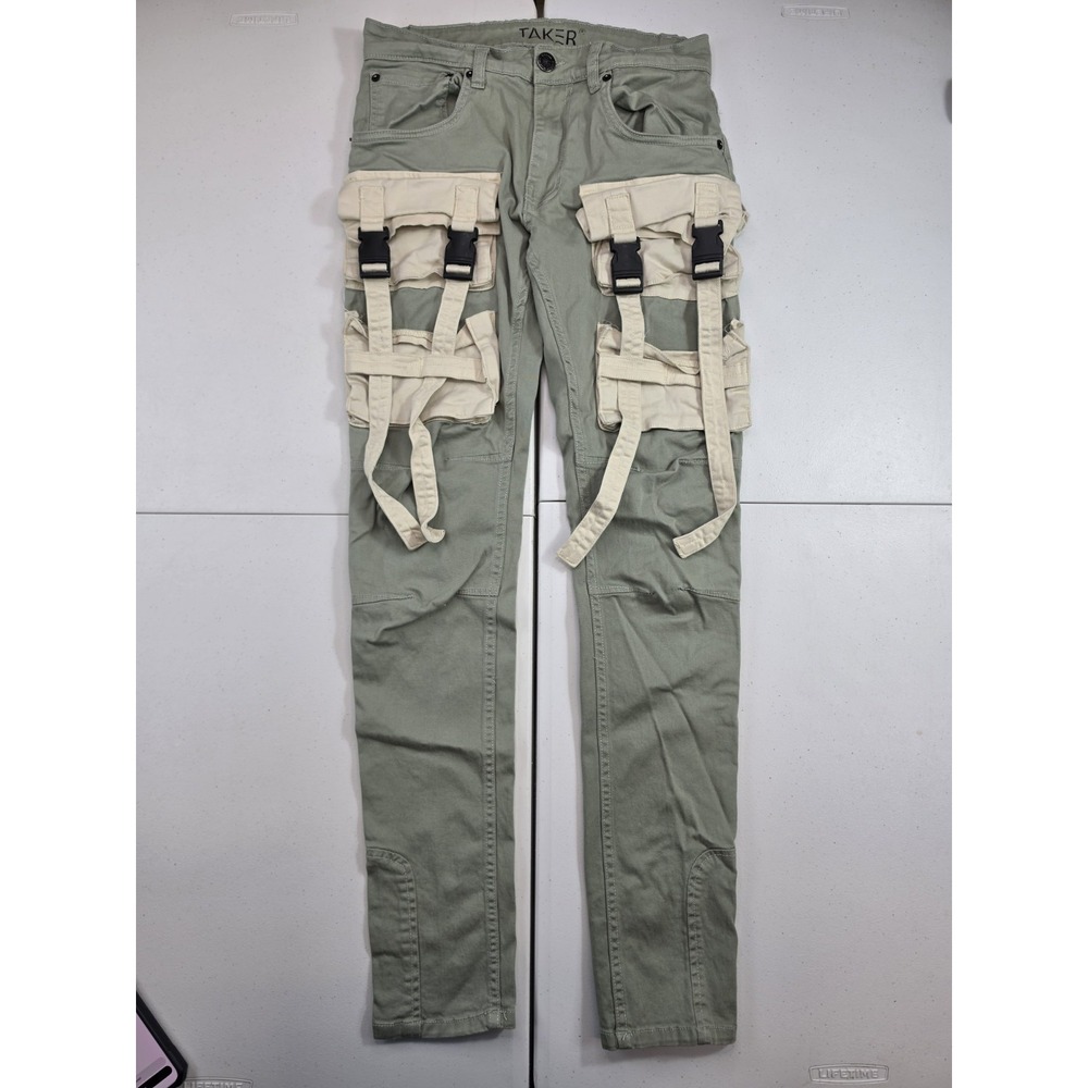 Taker Brand Designer Cargo Strap Pants Men's 30x32 Denim Skinny Stretch Jeans